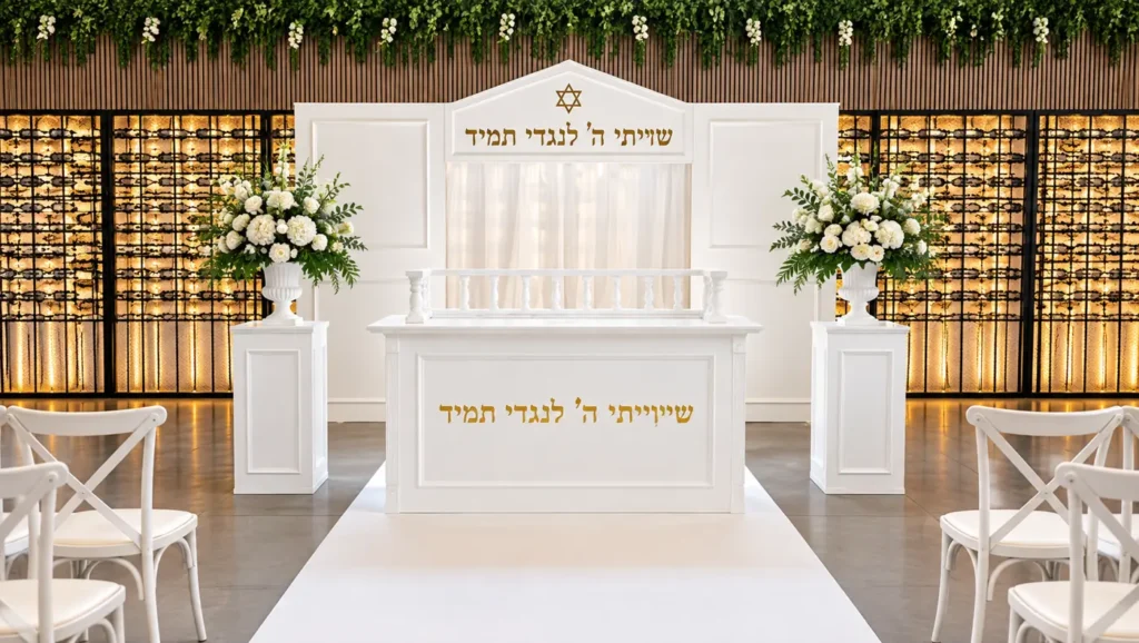 היכל קודש נייד לבן לבר מצווה עם פרחים לבנים באולם אירועים