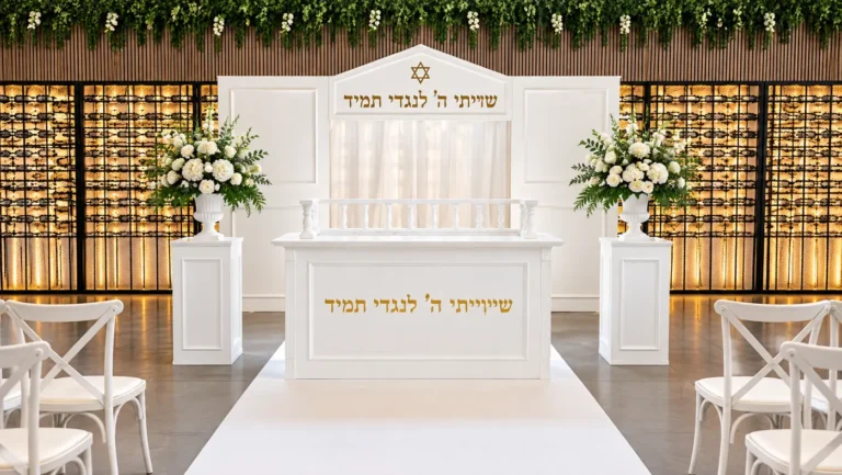 היכל קודש נייד לבן לבר מצווה עם פרחים לבנים באולם אירועים